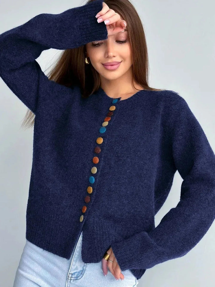 Women's Button-Front Patterned Knit Cardigan - Navy