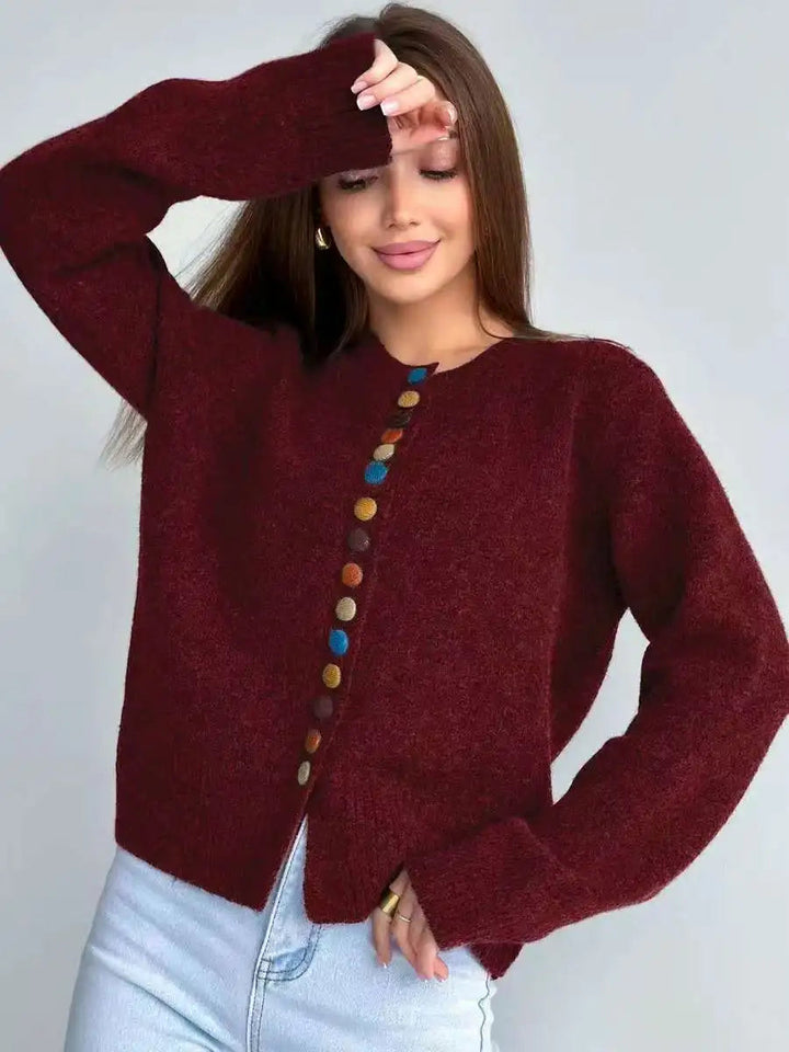 Women's Button-Front Patterned Knit Cardigan - Wine Red