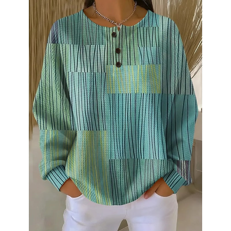 Women's Button-Neck Print Sweatshirt in green, Relaxed Crew
