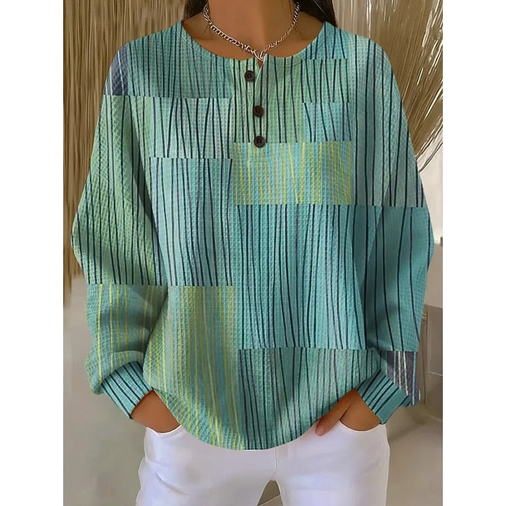 Women's Button-Neck Print Sweatshirt in green, Relaxed Crew