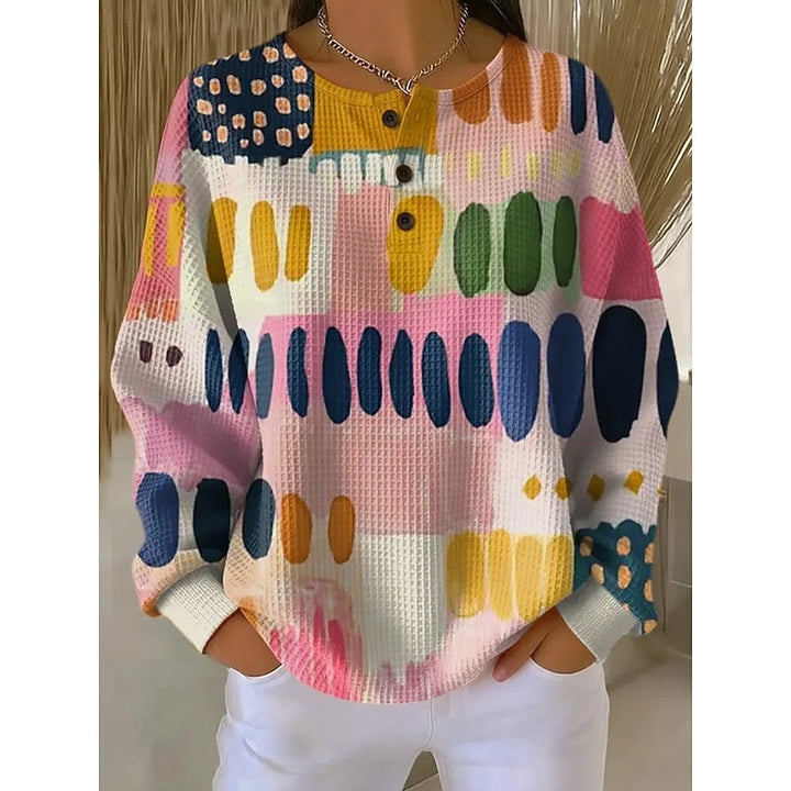 Women's Button-Neck Print Sweatshirt in pink, Relaxed Crew