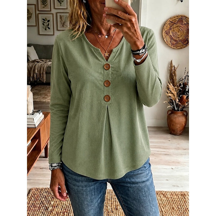 Women's Buttoned V-Neck Ribbed Top in green, Relaxed Fit