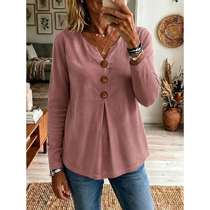 Women's Buttoned V-Neck Ribbed Top in pink, Relaxed Fit
