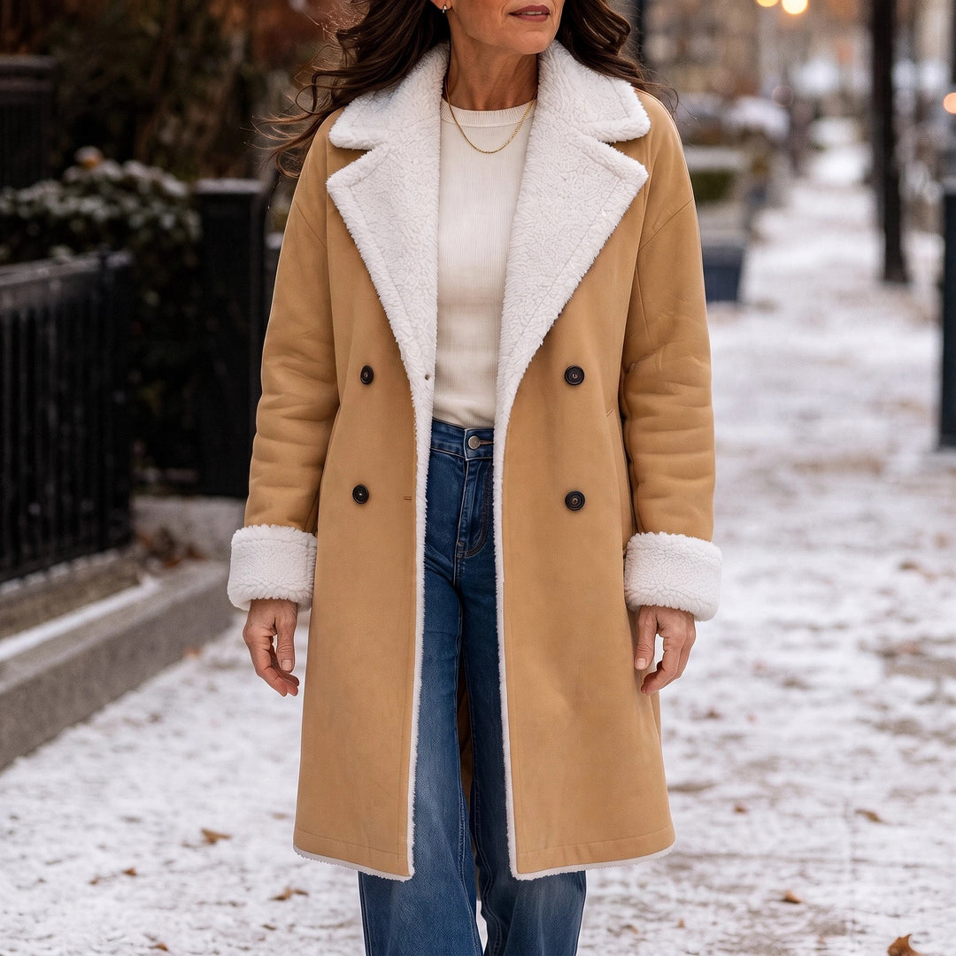 Women's Camel Sherpa-Lined Winter Coat in camel, Below-the-Knee