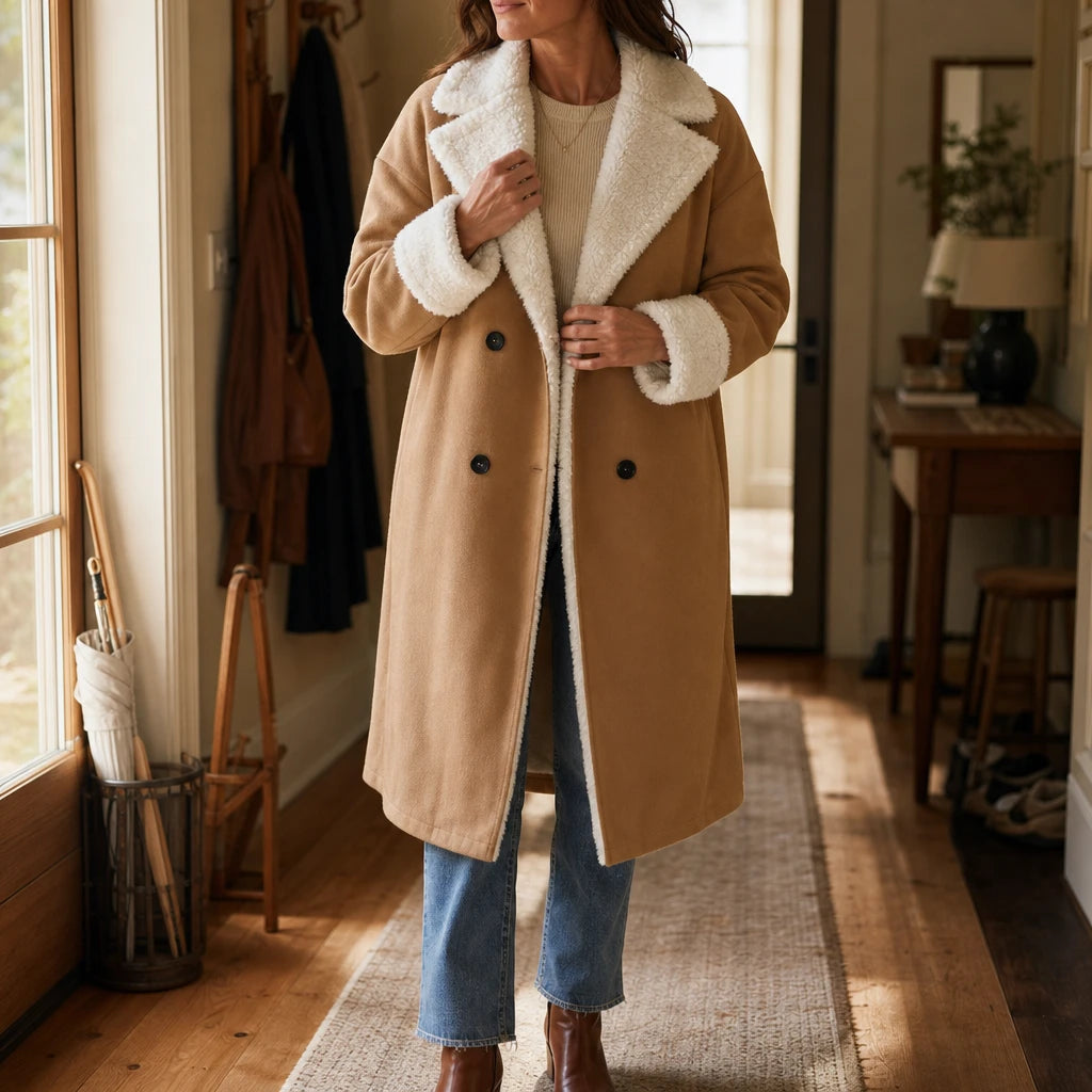 Women's Camel Sherpa-Lined Winter Coat - Below-the-Knee