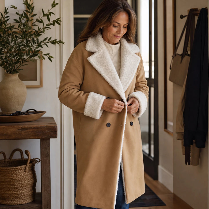 Women's Camel Sherpa-Lined Winter Coat - Below-the-Knee