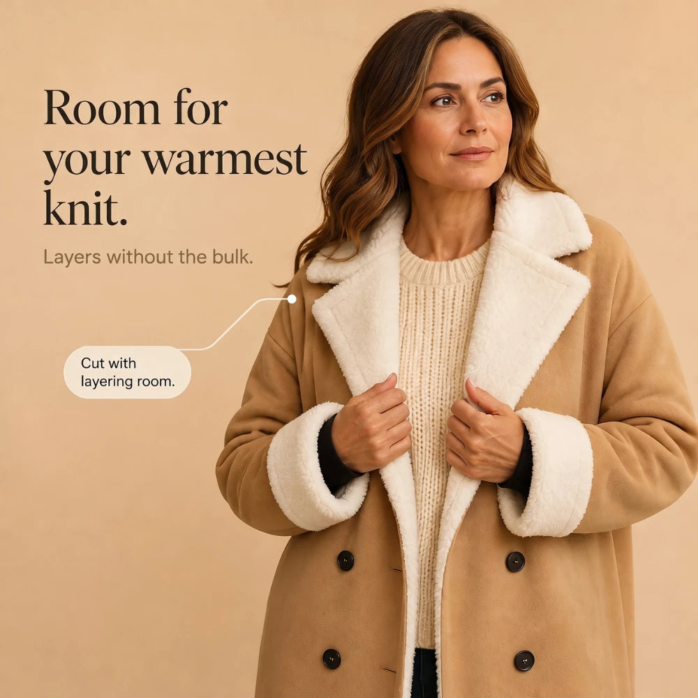 Women's Camel Sherpa-Lined Winter Coat - Below-the-Knee