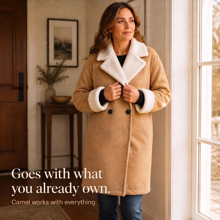 Women's Camel Sherpa-Lined Winter Coat - Below-the-Knee