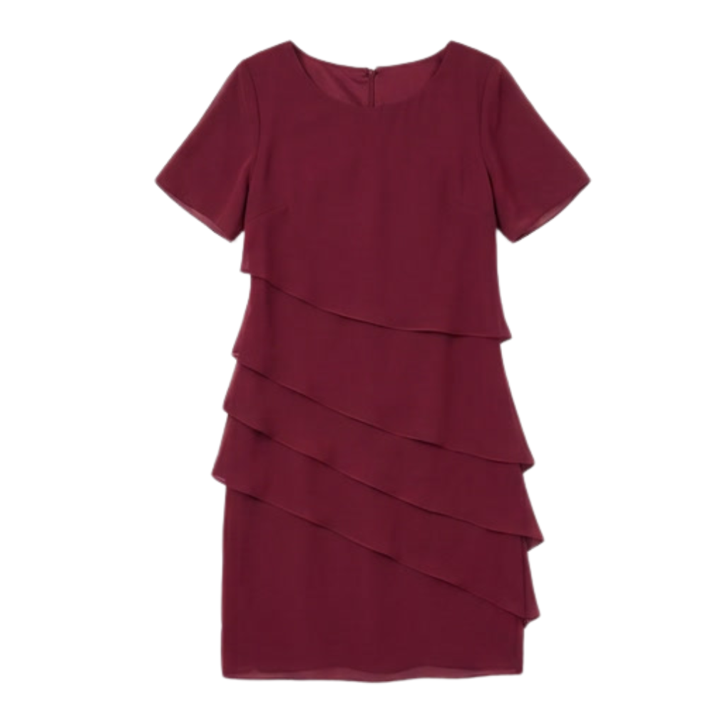 Women's Cascading Ruffle Midi Dress - Elegant Evening Wear - Burgundy