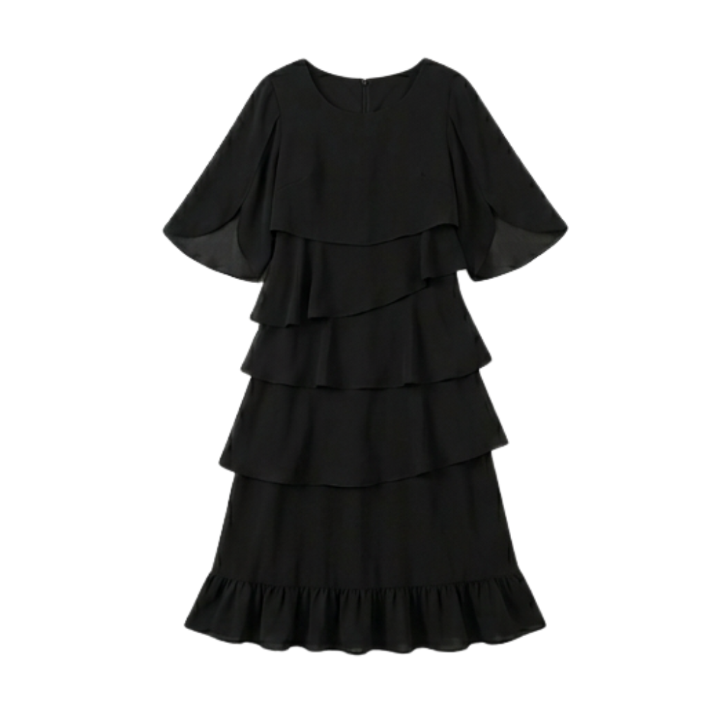 Women's Cascading Ruffle Midi Dress - Layered Chiffon - Black