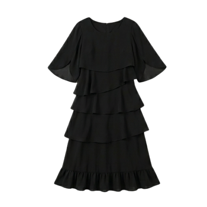Women's Cascading Ruffle Midi Dress - Layered Chiffon - Black