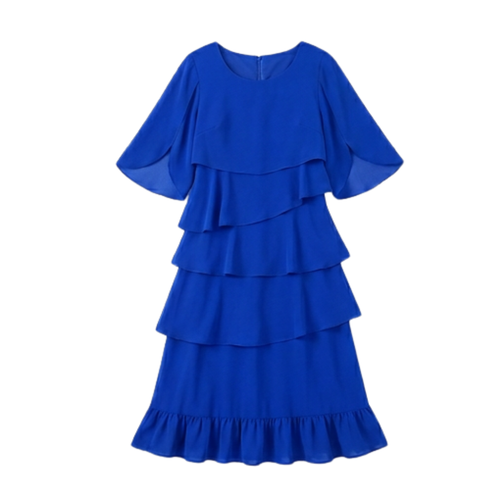 Women's Cascading Ruffle Midi Dress - Layered Chiffon - Blue
