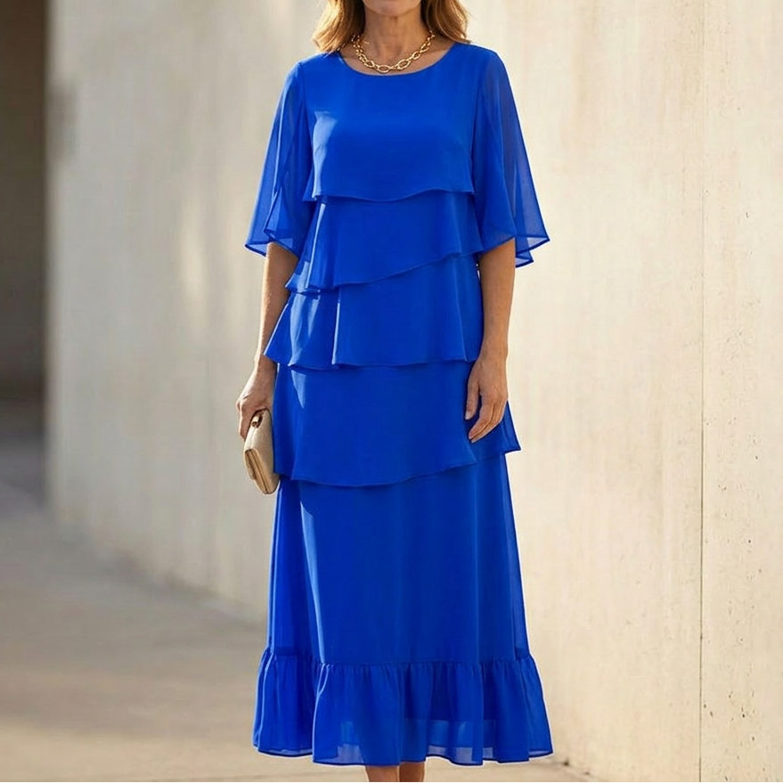Women's Cascading Ruffle Midi Dress - Layered Chiffon
