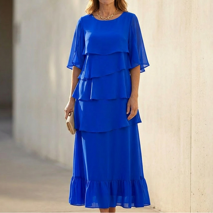 Women's Cascading Ruffle Midi Dress - Layered Chiffon