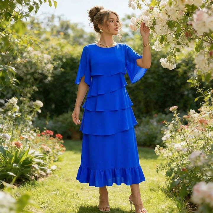 Women's Cascading Ruffle Midi Dress - Layered Chiffon