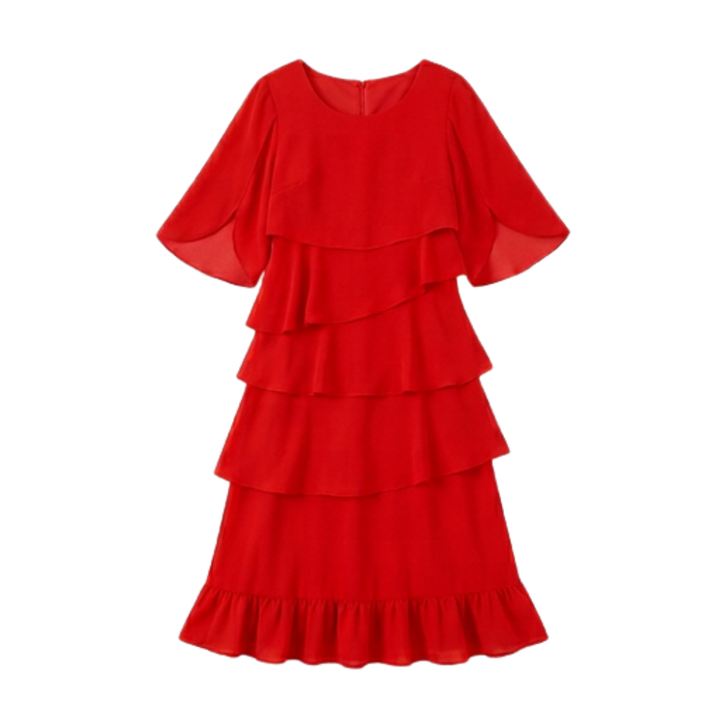 Women's Cascading Ruffle Midi Dress - Layered Chiffon - Red
