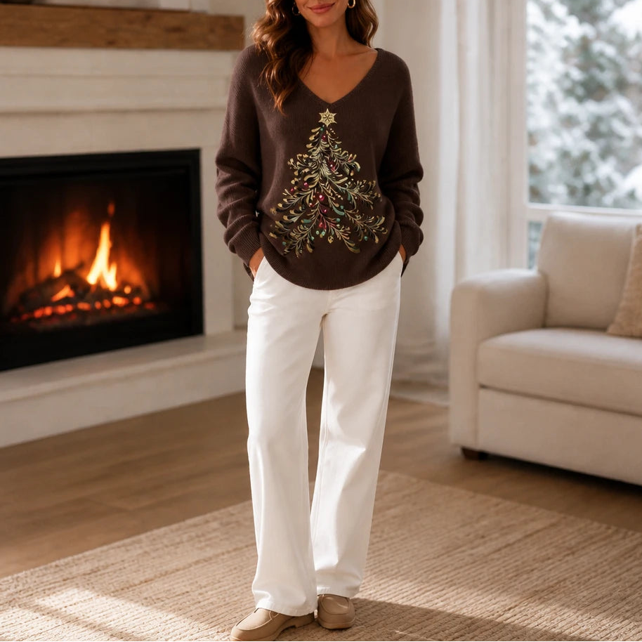 Women's Christmas Tree Graphic Sweater in brown, Holiday Knit