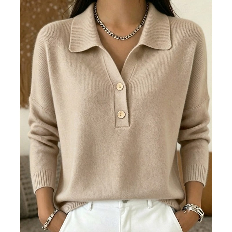 Women's Collared Button Pullover in khaki, Refined Comfort