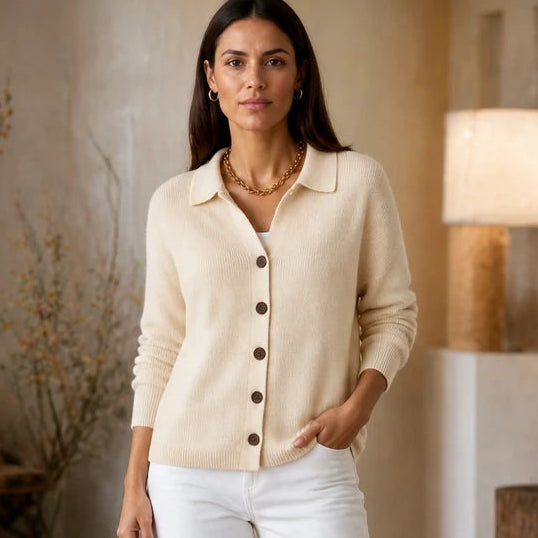 Women's Contrast-Button Turn-Back Collar Knit Cardigan - Beige