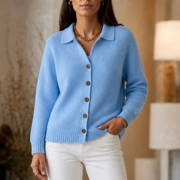Women's Contrast-Button Turn-Back Collar Knit Cardigan - Blue