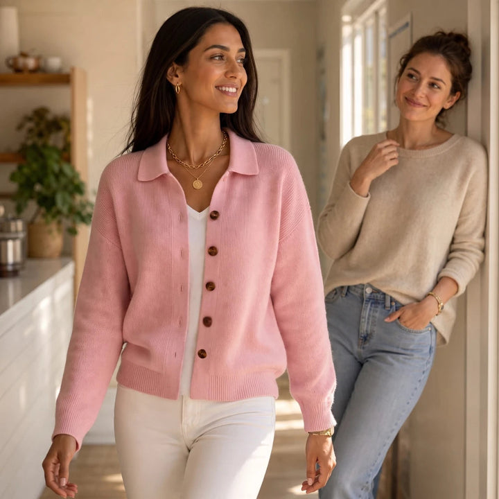 Women's Contrast-Button Turn-Back Collar Knit Cardigan