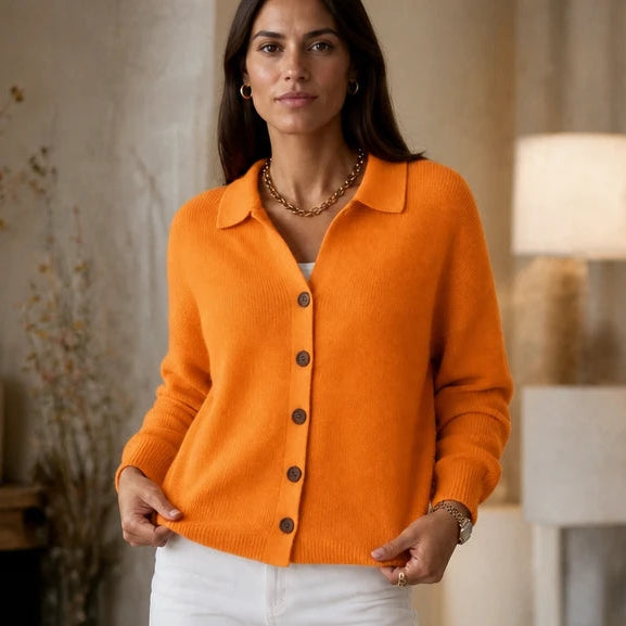 Women's Contrast-Button Turn-Back Collar Knit Cardigan - Orange
