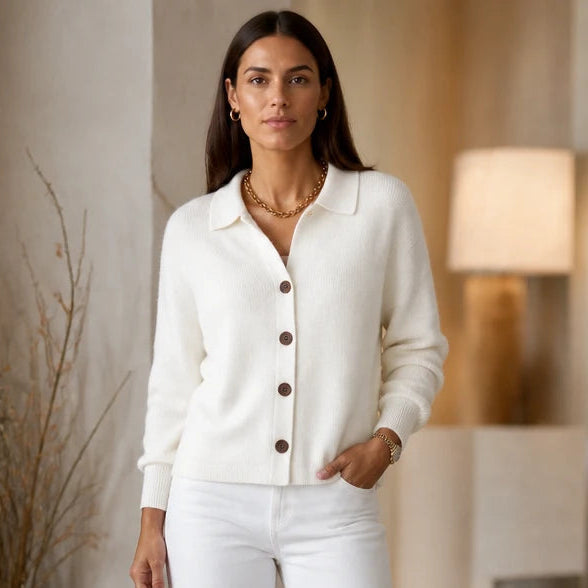 Women's Contrast-Button Turn-Back Collar Knit Cardigan - White