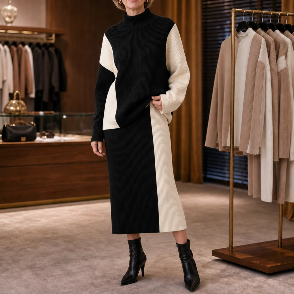 Women's Contrast Panel Sweater and Skirt Set in black, Midi