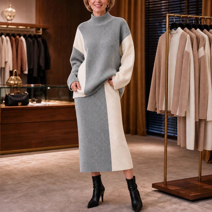 Women's Contrast Panel Sweater and Skirt Set in grey, Midi
