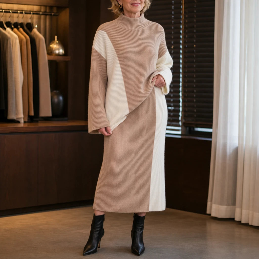 Women's Contrast Panel Sweater and Skirt Set in khaki, Midi