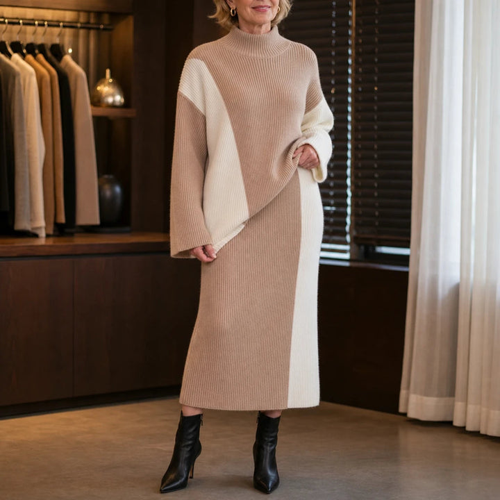 Women's Contrast Panel Sweater and Skirt Set in khaki, Midi