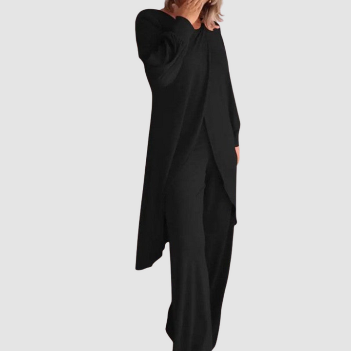 Women's Coordinated 2-Piece Set - Elegant Top & Trousers - Black