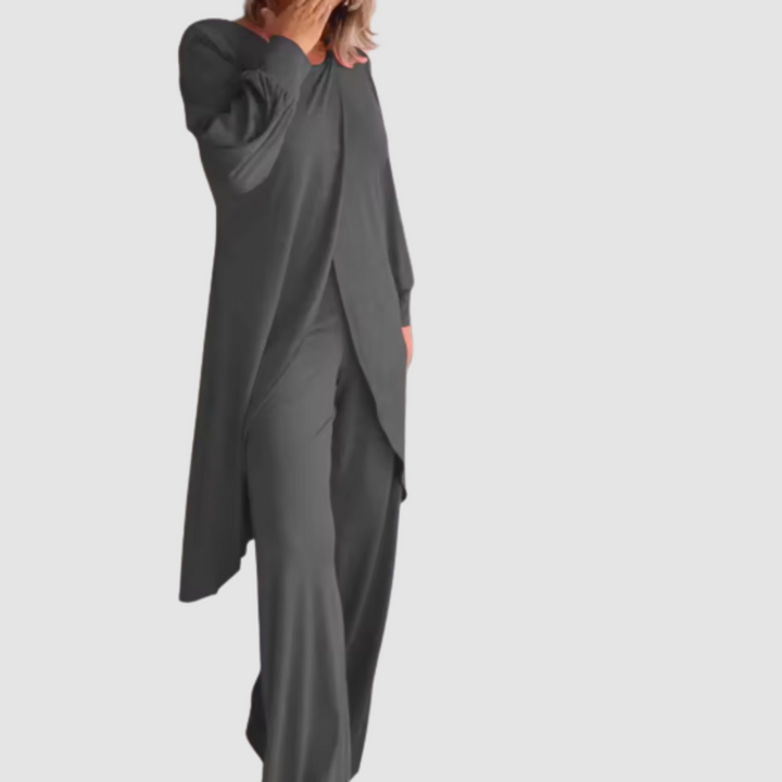 Women's Coordinated 2-Piece Set - Elegant Top & Trousers - Gray