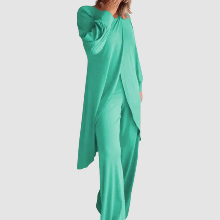 Women's Coordinated 2-Piece Set - Elegant Top & Trousers - Green
