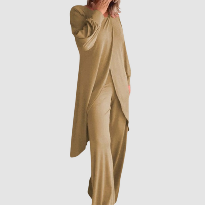Women's Coordinated 2-Piece Set - Elegant Top & Trousers - Khaki