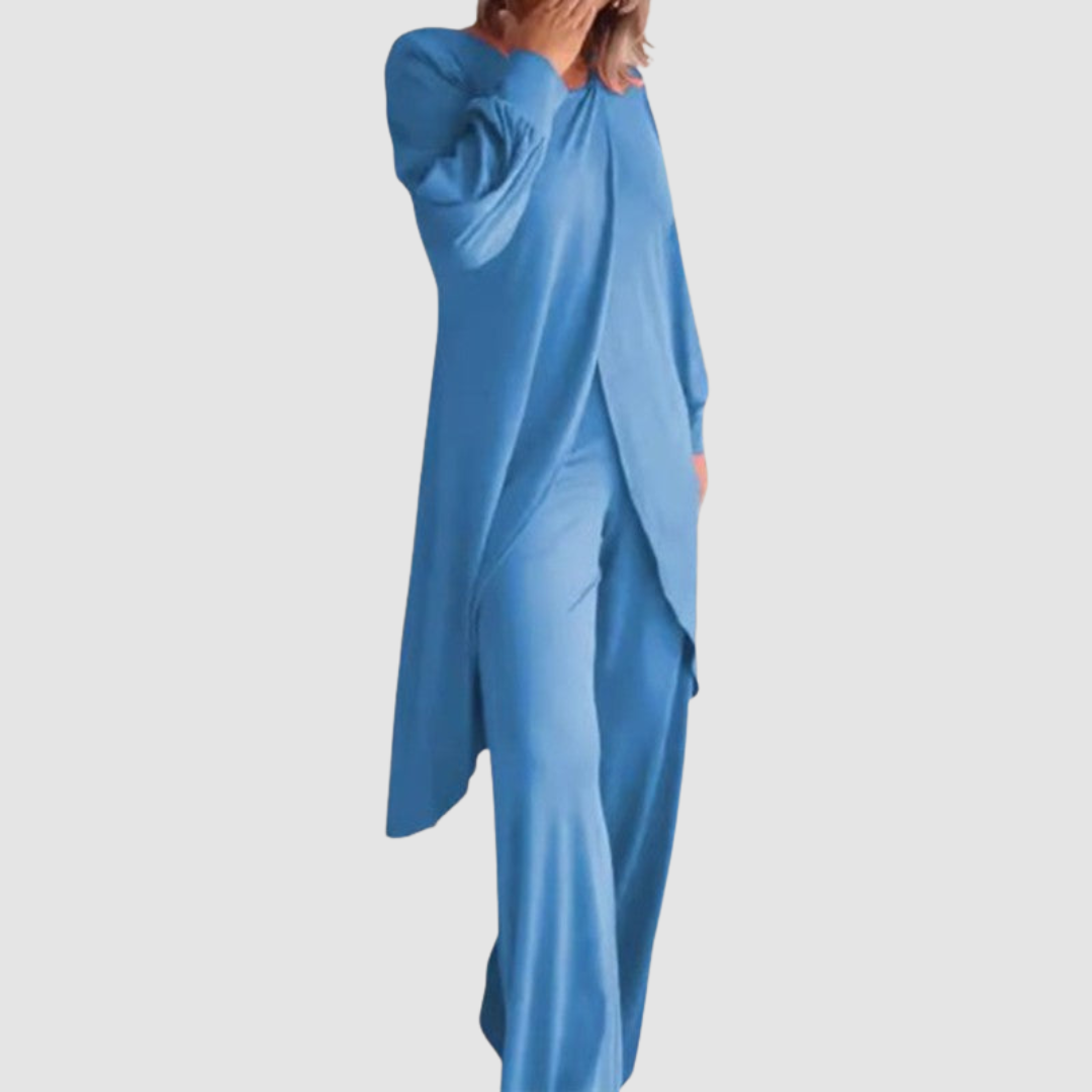 Women's Coordinated 2-Piece Set - Elegant Top & Trousers - Light Blue