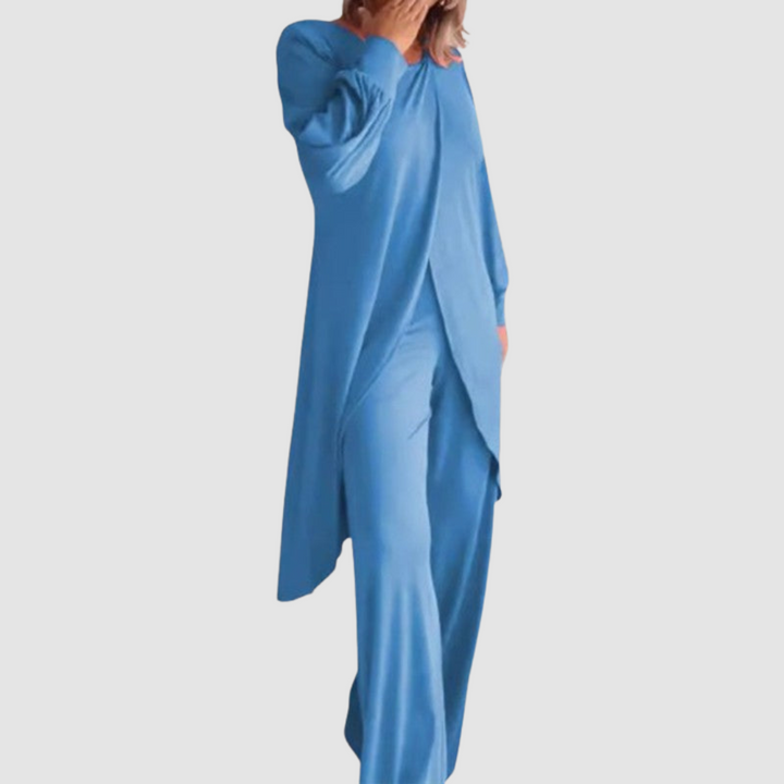Women's Coordinated 2-Piece Set - Elegant Top & Trousers - Light Blue