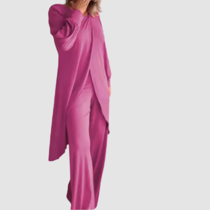 Women's Coordinated 2-Piece Set - Elegant Top & Trousers - Pink