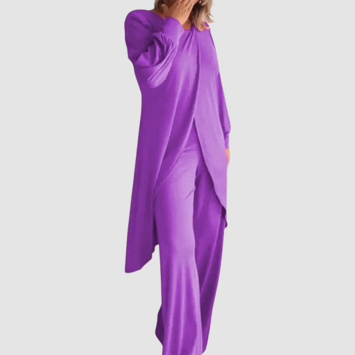 Women's Coordinated 2-Piece Set - Elegant Top & Trousers - Purple