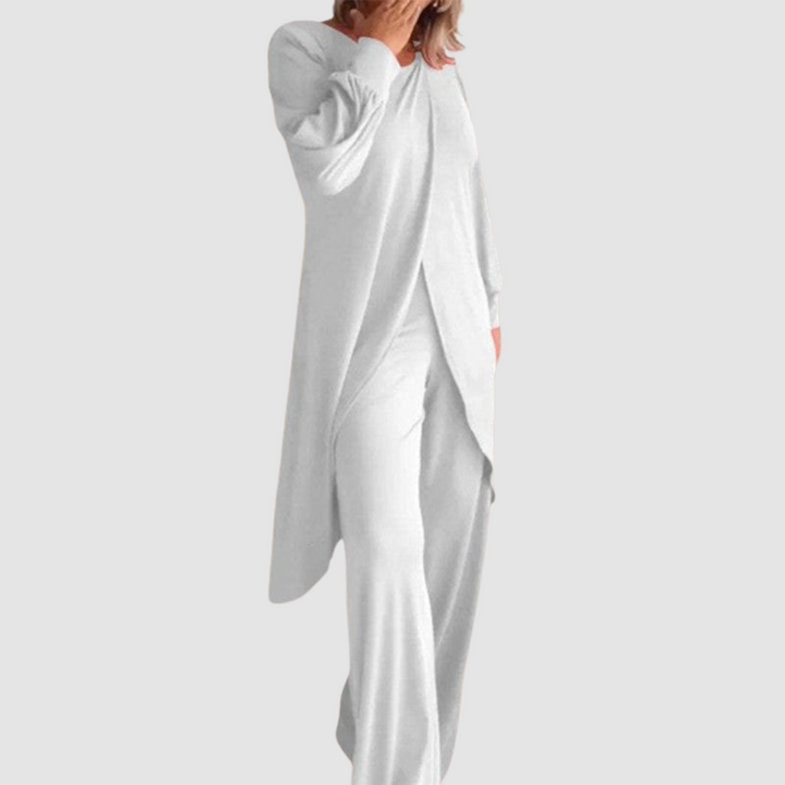 Women's Coordinated 2-Piece Set - Elegant Top & Trousers - White