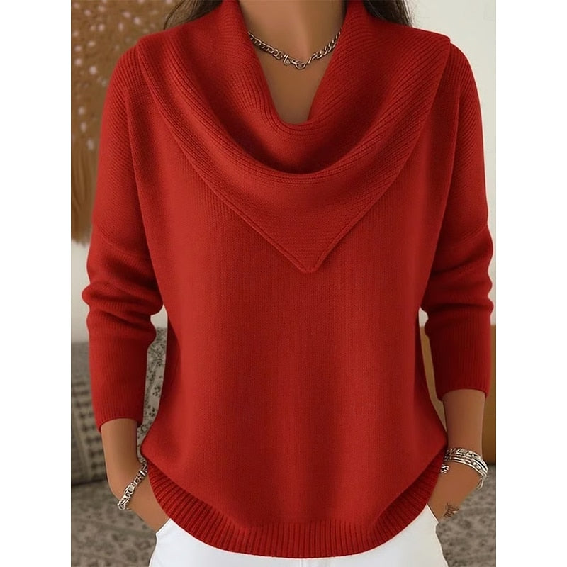 Women's Cowl-Neck Sweater in red, Elegant Draped Knit