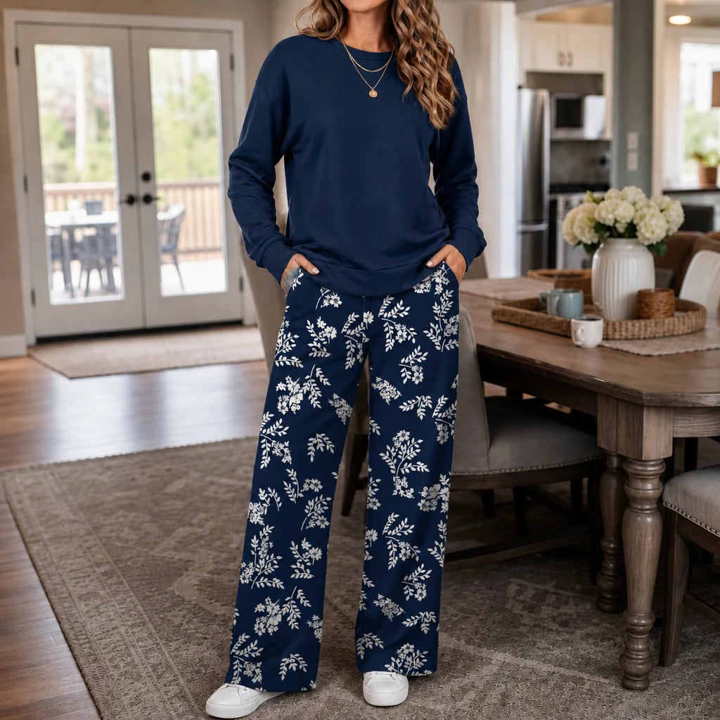 Women's Crewneck Sweatshirt and Wide-Leg Pants Set in navy floral, Coordinated Loung