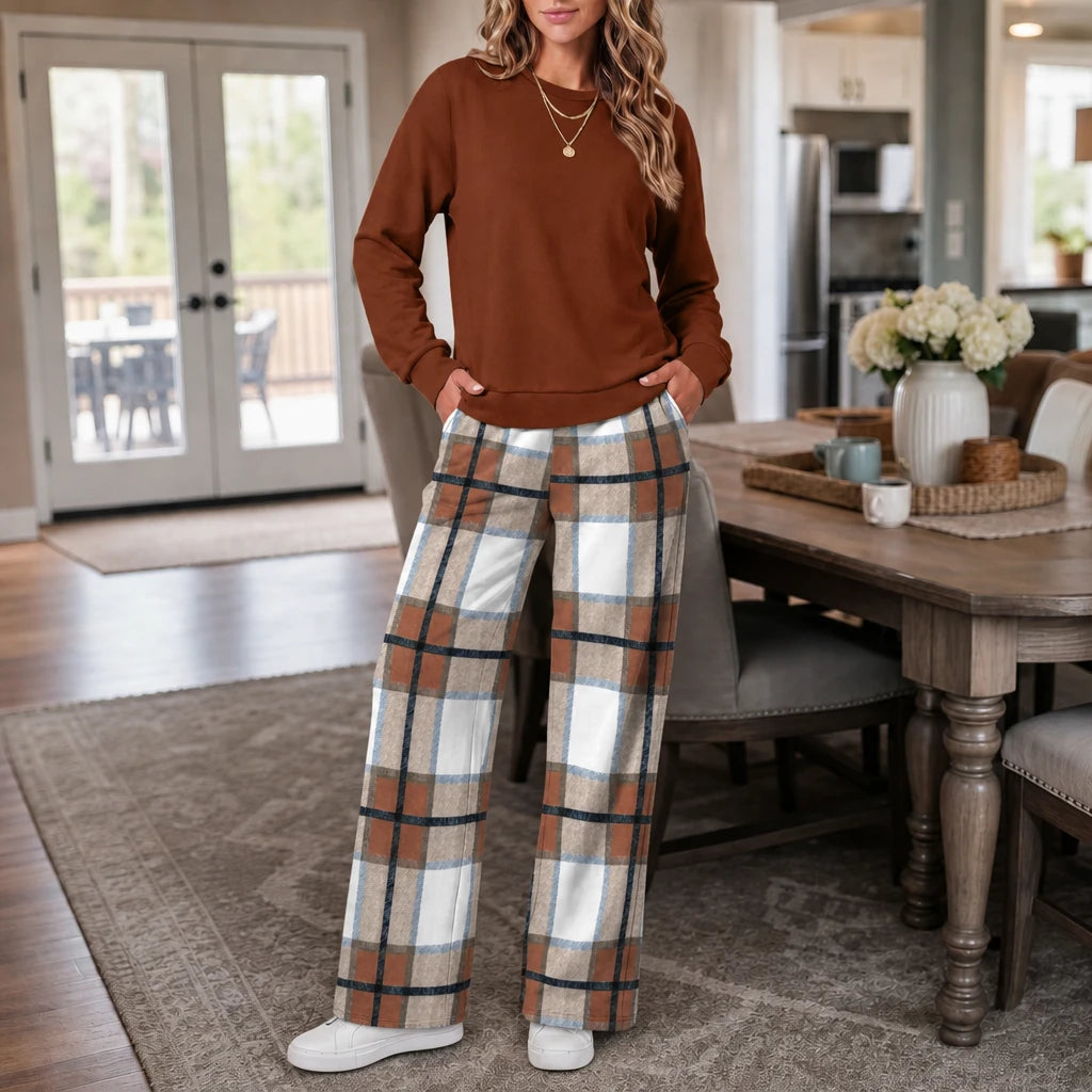 Women's Crewneck Sweatshirt and Wide-Leg Pants Set in rust plaid, Coordinated Loung