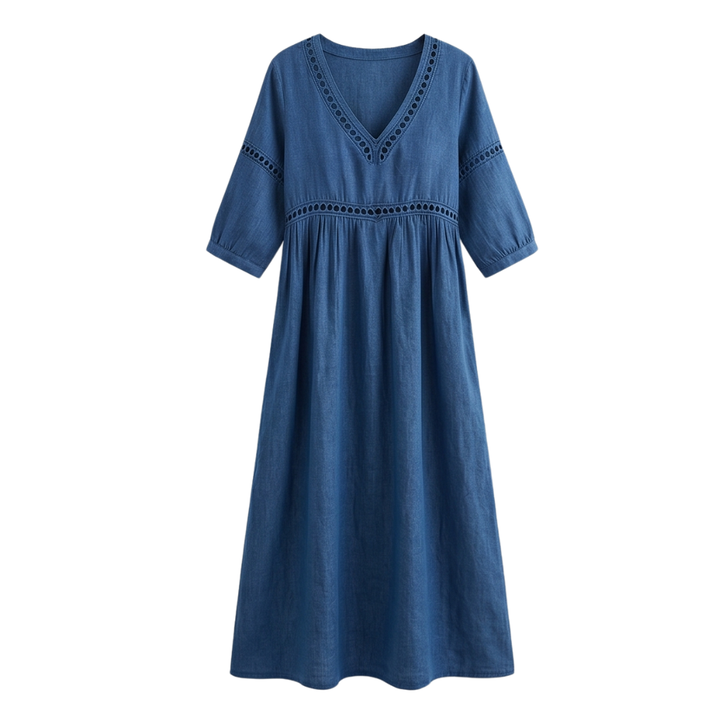 Women's Crochet Trim Midi Dress - Empire Waist - Cobalt Blue