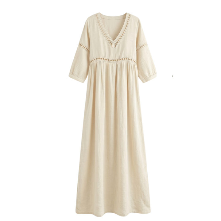 Women's Crochet Trim Midi Dress - Empire Waist - Cream