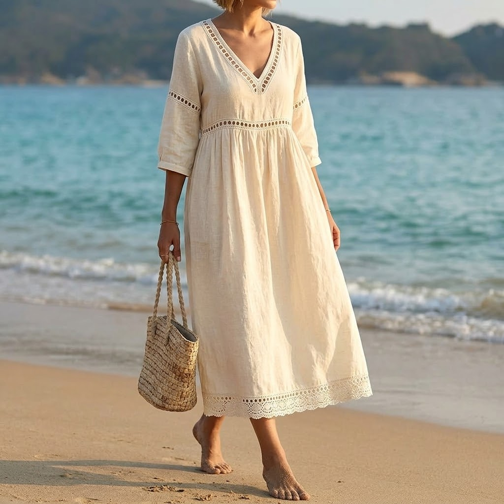 Women's Crochet Trim Midi Dress - Empire Waist