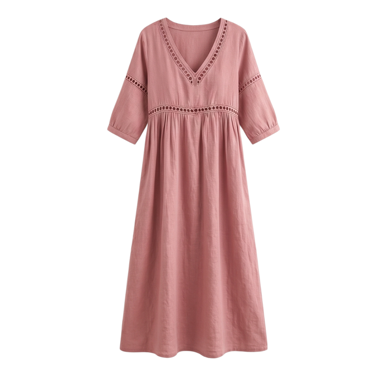 Women's Crochet Trim Midi Dress - Empire Waist - Dusty Pink