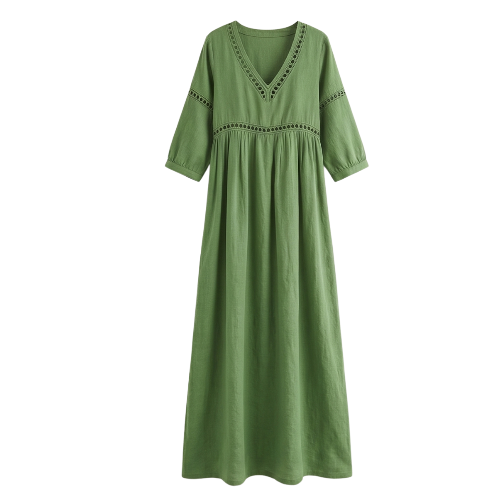 Women's Crochet Trim Midi Dress - Empire Waist - Sage Green