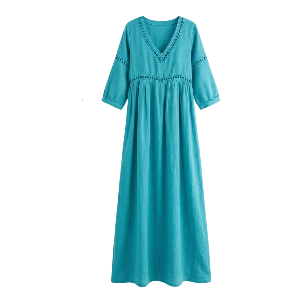 Women's Crochet Trim Midi Dress - Empire Waist - Teal
