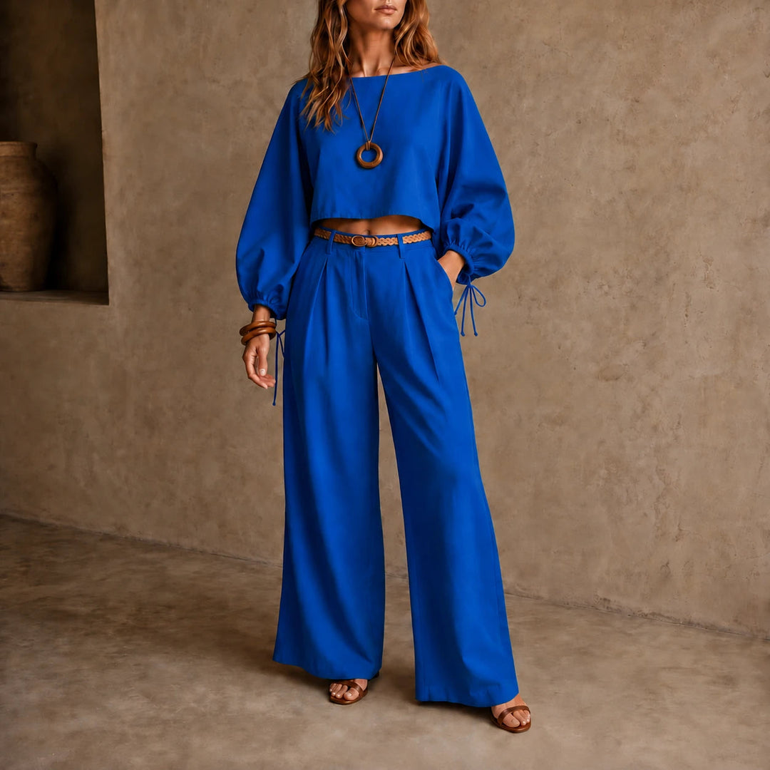 Women's Crop Top and Wide-Leg Trouser Set in blue, Coordinated Casual